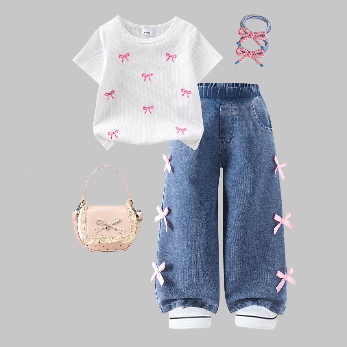 

Girls Fashionable Summer Outfit - Children s Casual White Bow-front Top + Denim Wide-leg Pants Set 2-3Y білий