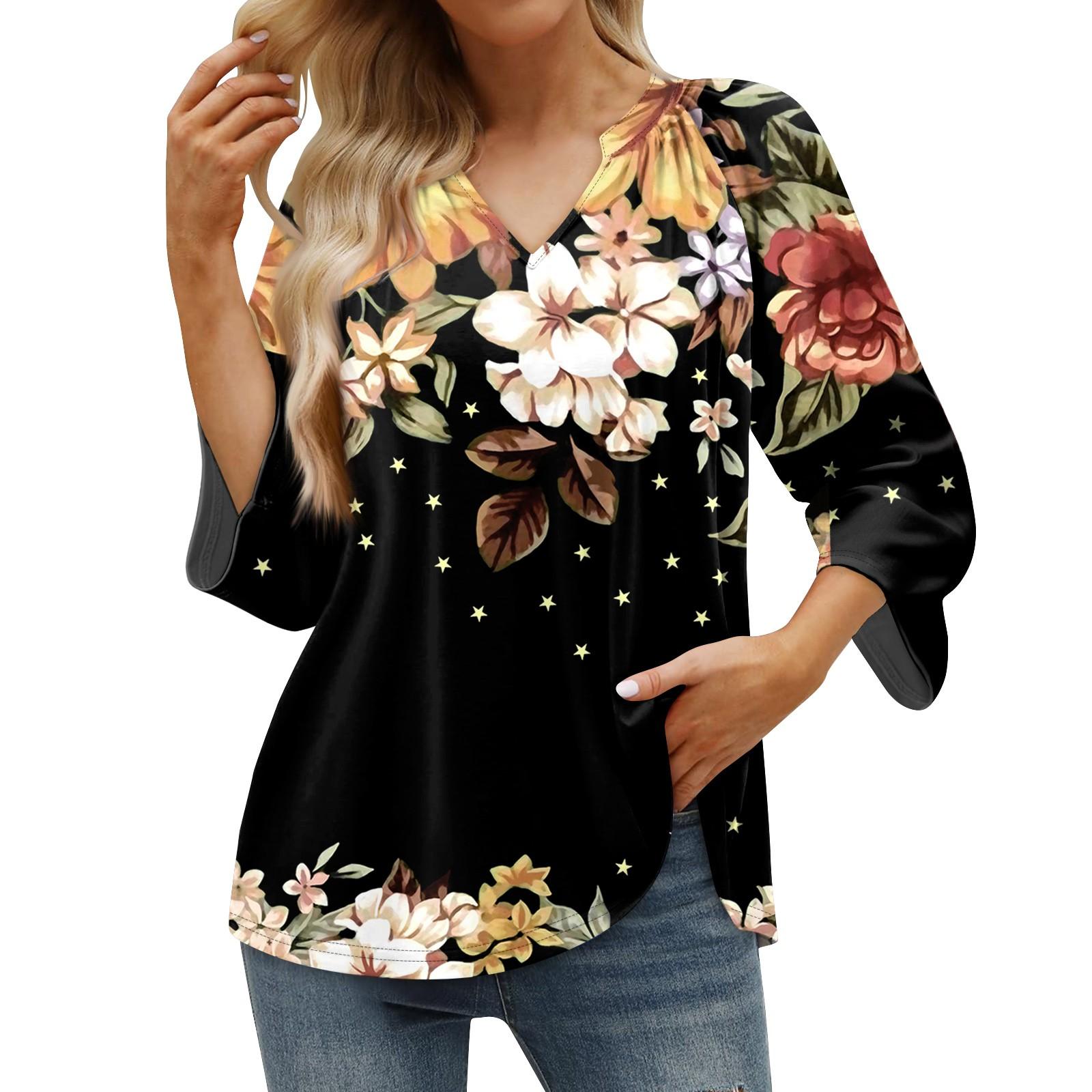 

Женская летняя повседневная футболка с рукавом 3/4 и пуловером с V-образным вырезом и принтом L чёрный