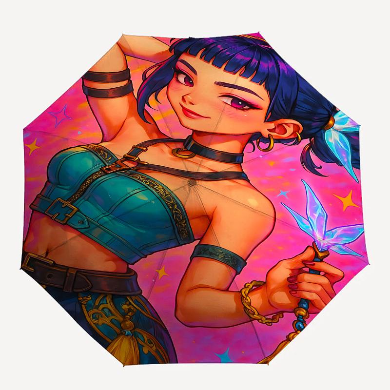 K-POP Anime Mädchengruppe Thema Automatisches Öffnen und Schließen Regenschirm - 8 Rippen, Geeignet für Freizeit und Ausgehen, Outdoor-Accessoire, Gothi