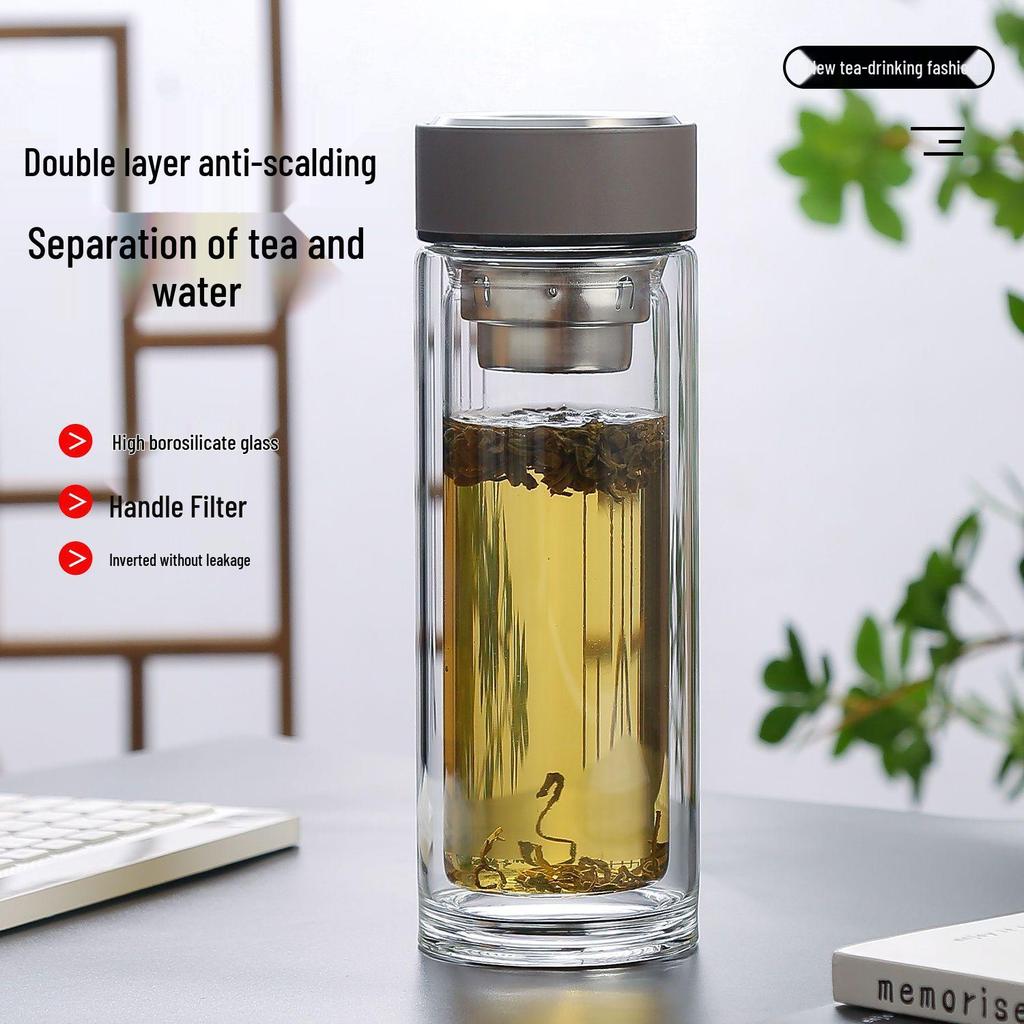 Custom Engraved Double-Layer Borosilicate Glass Tea Cup with Screw Cap