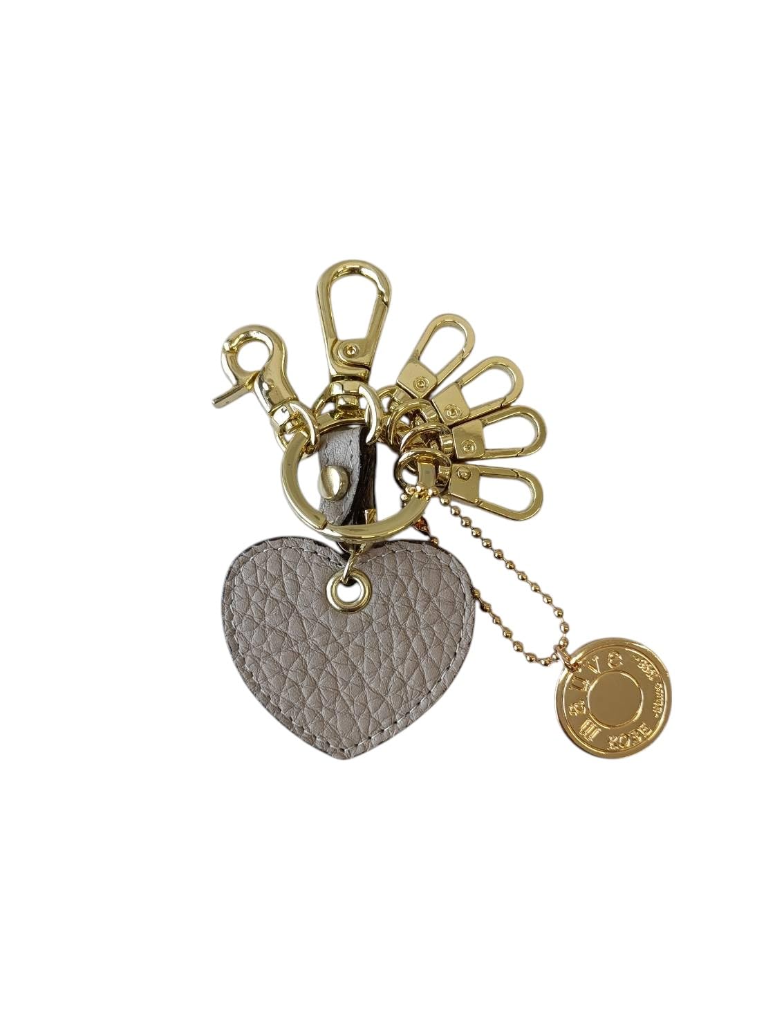 

[mauve] Genuine Leather Heart Key Ring for Women, Shrunken Calfskin with 4-Row Charm and Lobster Claw (Grey Beige)