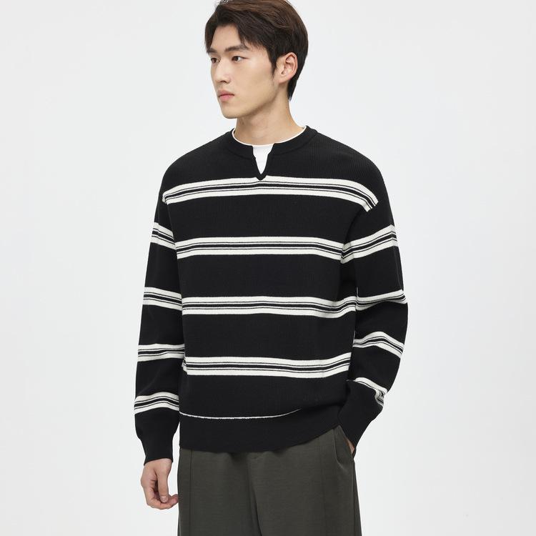WOOG2005 Men s Black & White Striped Round Neck Layered Sweater - Winter 2025 2XL чёрный