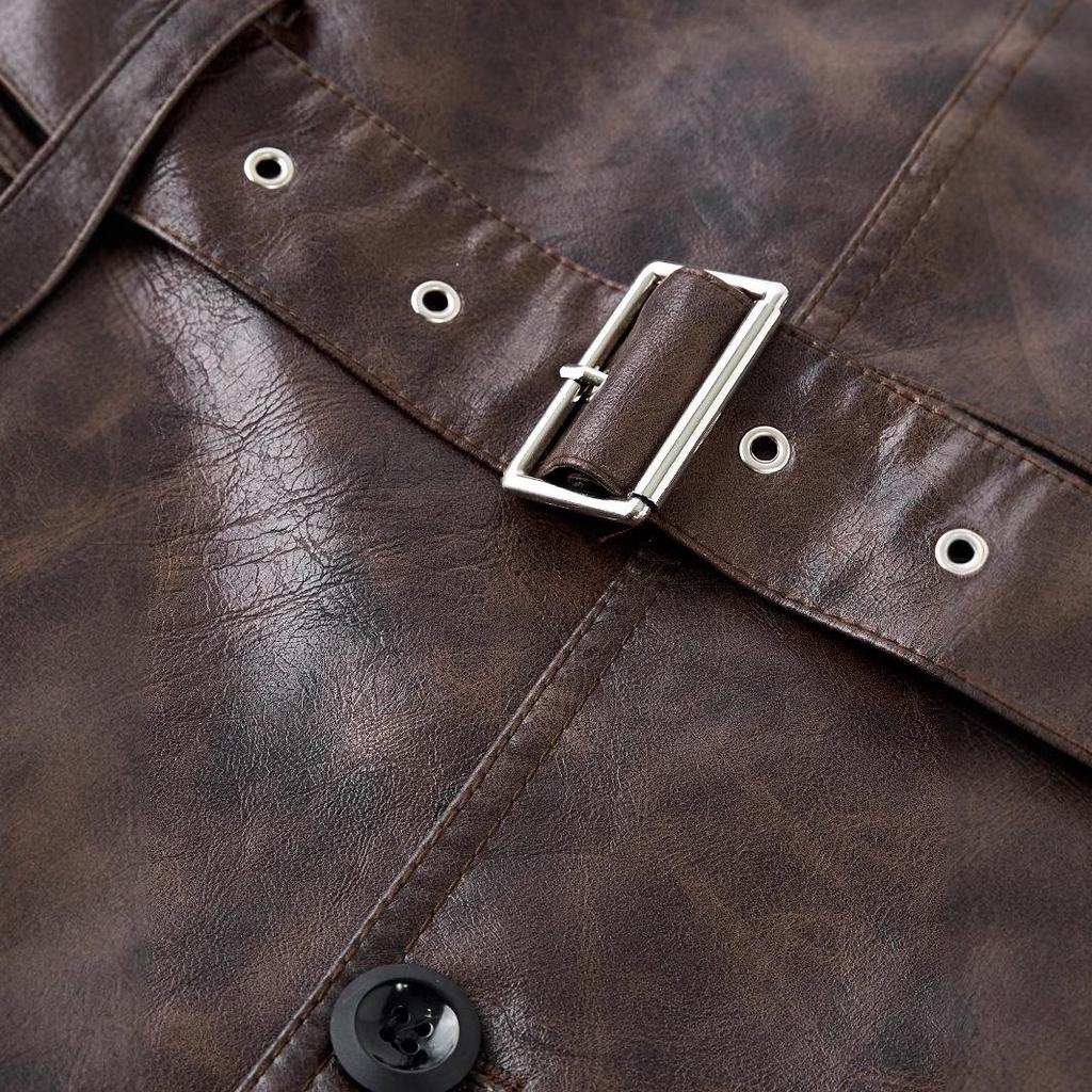 Men's Korean Style PU Leather Mid-Length Windbreaker Jacket
