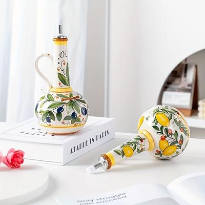 Handbemalter Keramik-Olivenölspender mit lebhaftem Frucht- und Blätterdesign - Auslaufsichere Küchenölflasche für Olivenöl, Essig, Sojasauce