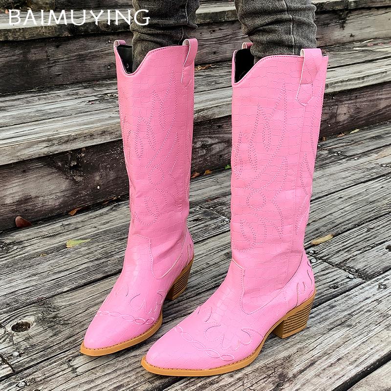 Embroidery Chunky Women High Boots Pointed Toe Designer Mid Heels Shoes 2025 Trend Winter Pumps Knee High Chelsea Botas De Mujer