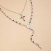 Hip-Hop Colored Crystal Chain Necklace, Vintage Diamond-Encrusted Cross Pendant Stacked Necklace.