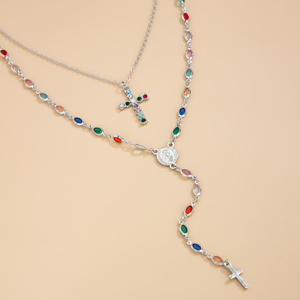 Hip-Hop Colored Crystal Chain Necklace, Vintage Diamond-Encrusted Cross Pendant Stacked Necklace.