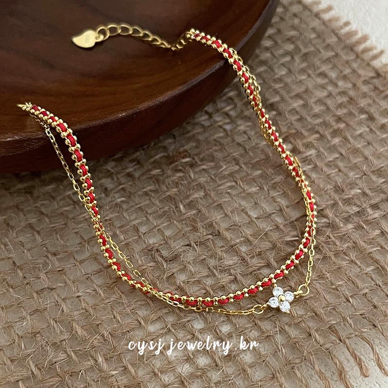 Cui Yan S925 Sterling Silver Double Layer Woven Red String Bracelet for Women - Korean Style, High-End, Exquisite Jewelry. 925 Silver