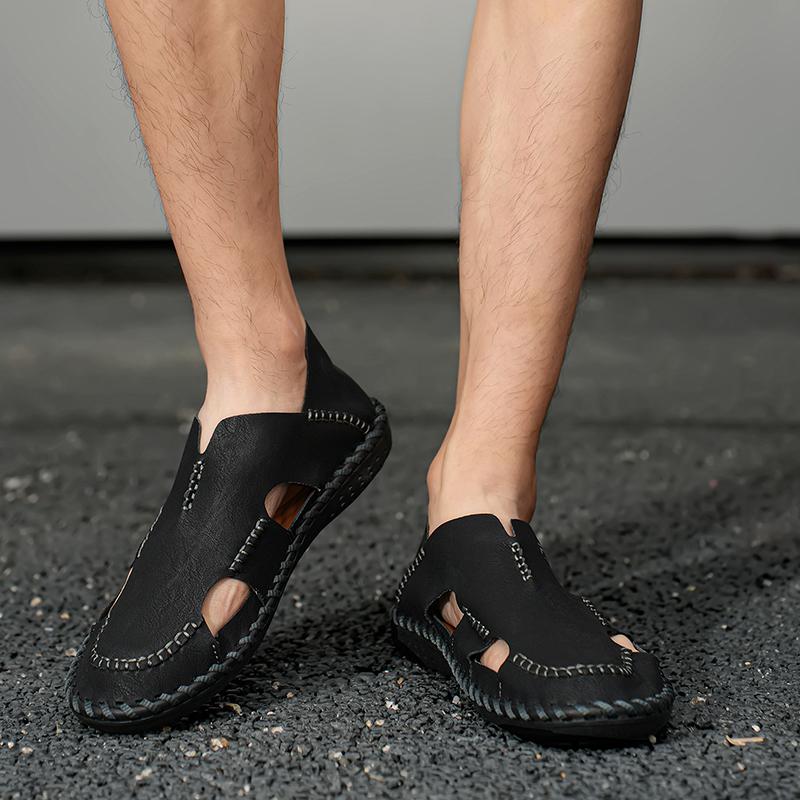 Мужские сандалии черные кожаные кроссовки для походов с закрытым носком — фото 16