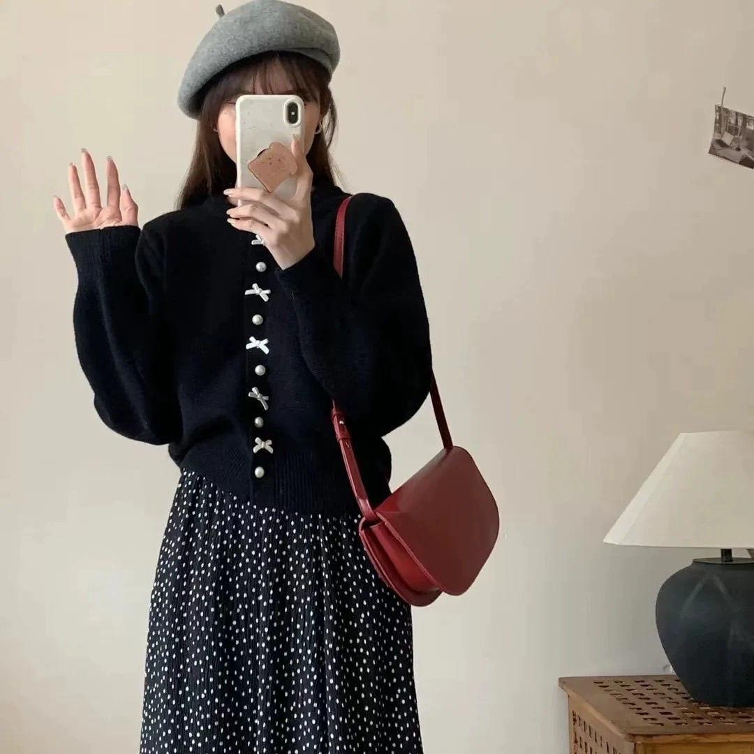 

French Style Bow Pearl Button Knit Cardigan Women Soft Warm Sweater Coat Autumn Winter Lazy Fashion One Size чёрный
