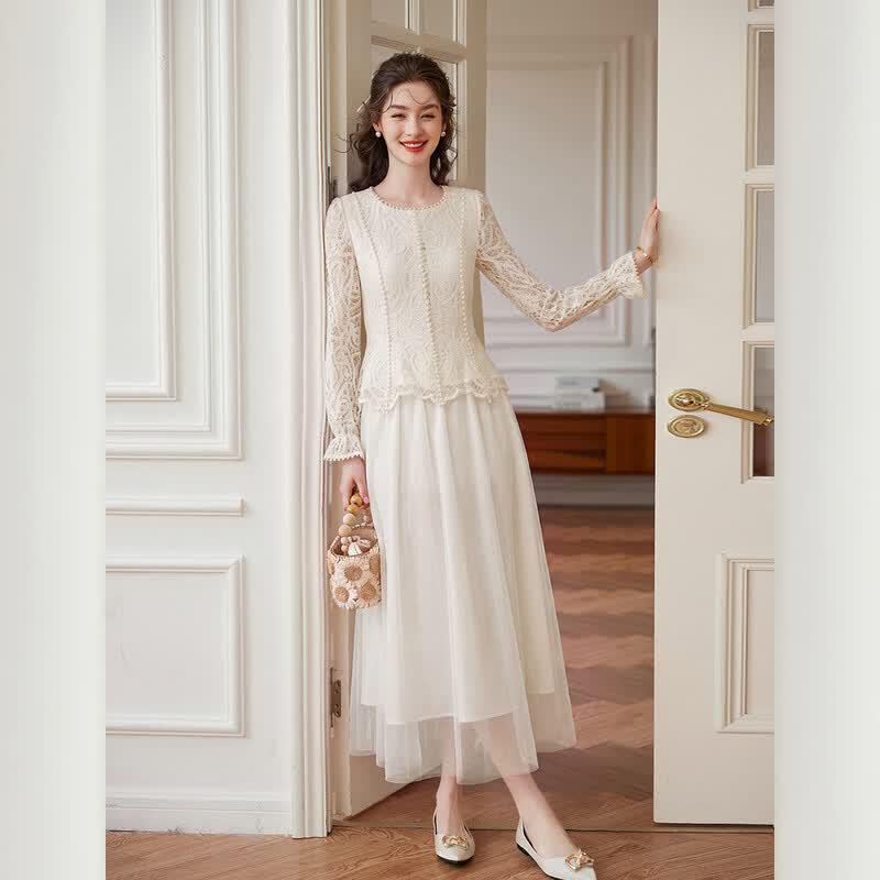 French Lace Two-Piece Hollow-Out Top & Long Skirt Set