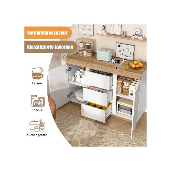 Commode À Trois Tiroirs Et Deux Portes, Meuble De Rangement, Panneau De Particules E1, Blanc + Chêne