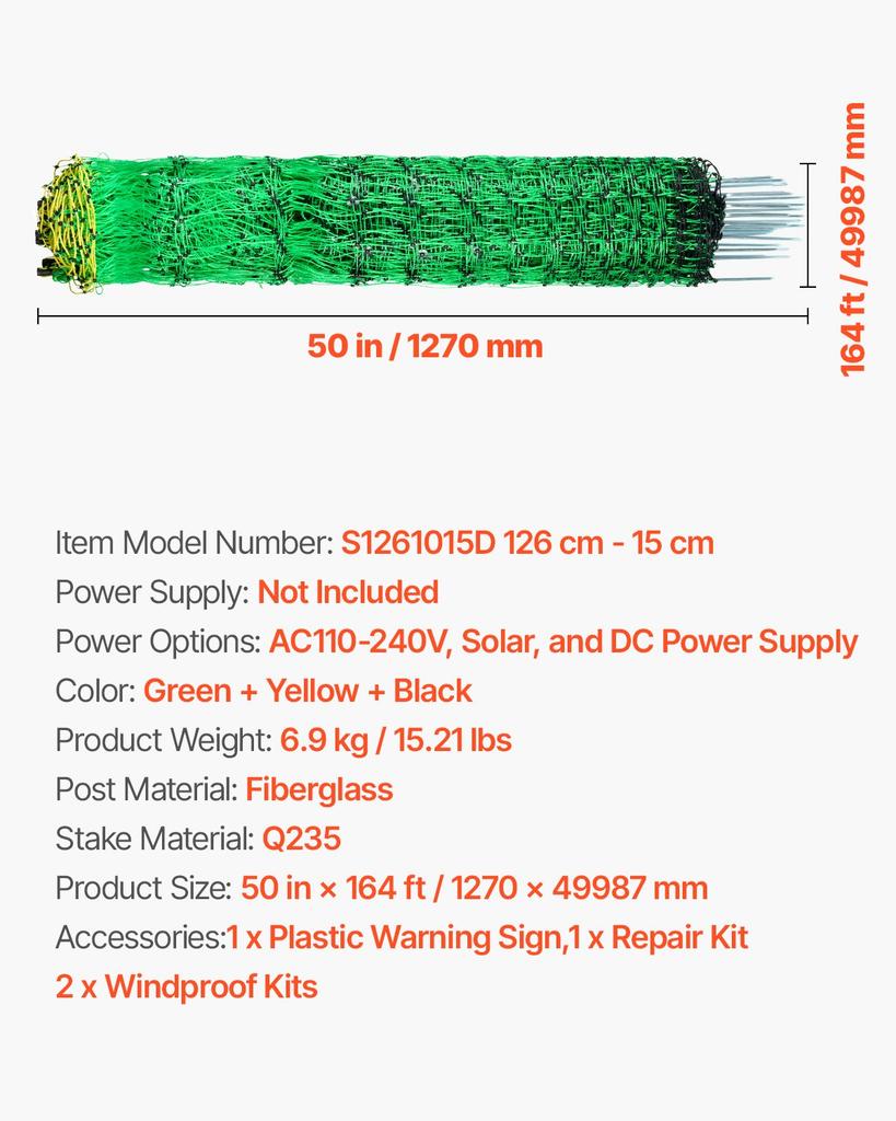 VEVOR Electric Fence Netting, 1.27 M X 50 M, Livestock Net Fencing with Posts & Stakes, Portable Mesh Nets for Goats, Sheep, Deer, Hogs, Dogs