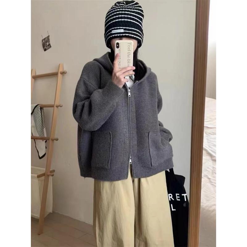 New Simple Pocket Double Zipper Hooded Knitted Cardigan for Women Loose Lazy Style Solid Color Thick Coat for Women