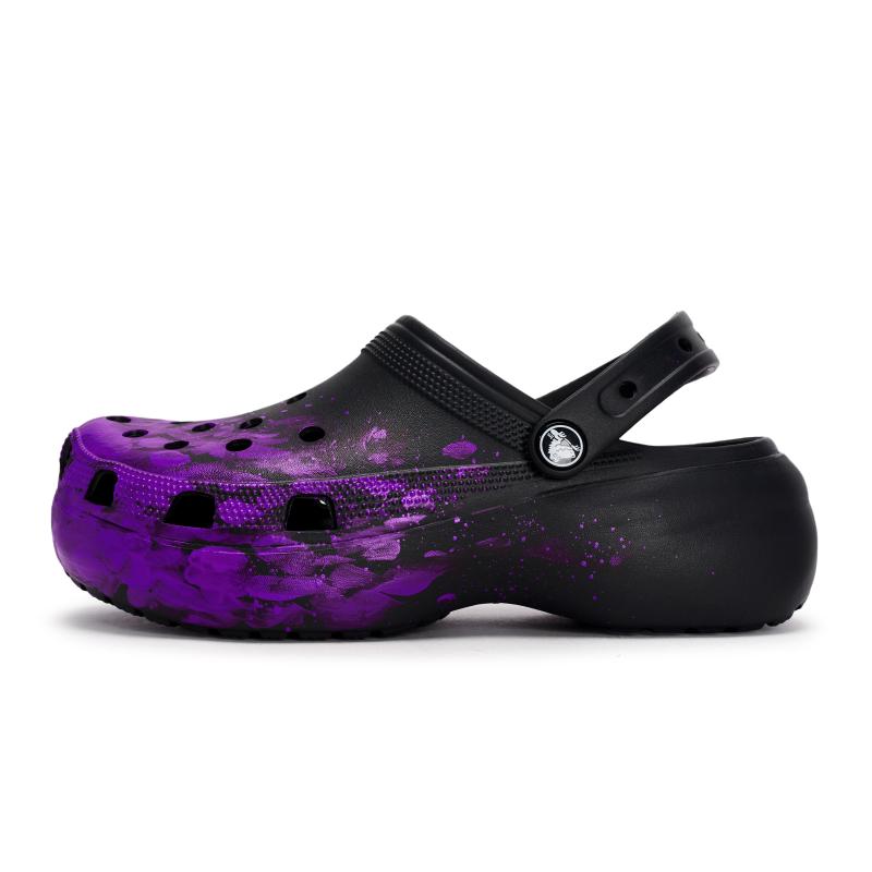 Crocs 811 Made Phantom Live Special Shoe Box High Street Ink Splashing Feeling Soft Hole Shoes Unisex Black and Purple