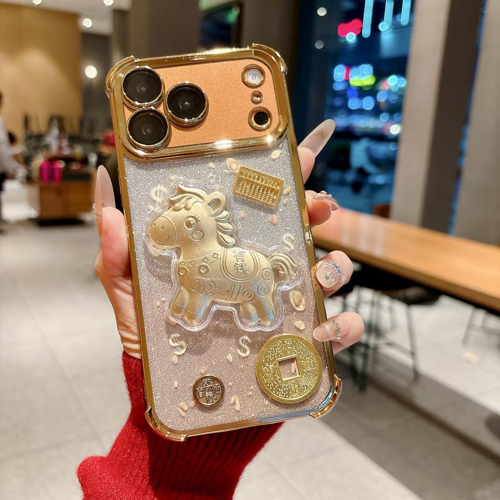 Three-dimensional rich horse lanyard is suitable for Apple iPhone17Promax mobile phone case 16 four corners anti-drop 15 electroplating 14