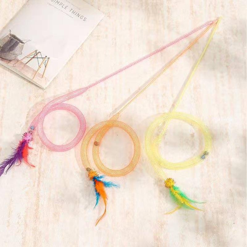 3pcs Mix Feather Teasing Cat Stick Elastic Mesh Tube With Feathered Furry Ball Cat Toy Rod Kitten Interactive Toys Pet Wand