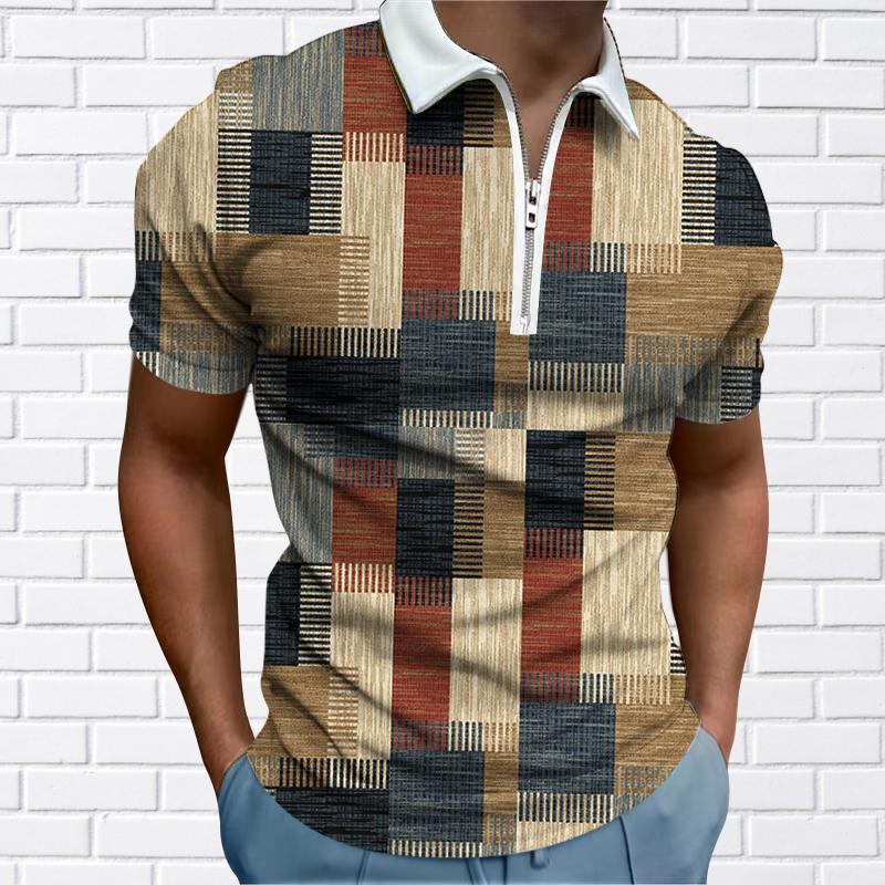 

Мужская рубашка поло повседневная на молнии с коротким рукавом модная повседневная на молнии лето весна обычный крой 3D синяя клетчатая рубашка с принтом в горошек 8XL коричневый