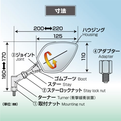 Tanax Bike Mirror Napoleon Cross 3 Plus Black Blue Mirror Left and Right Common 1 Piece 10mm Positive Thread AY-10B