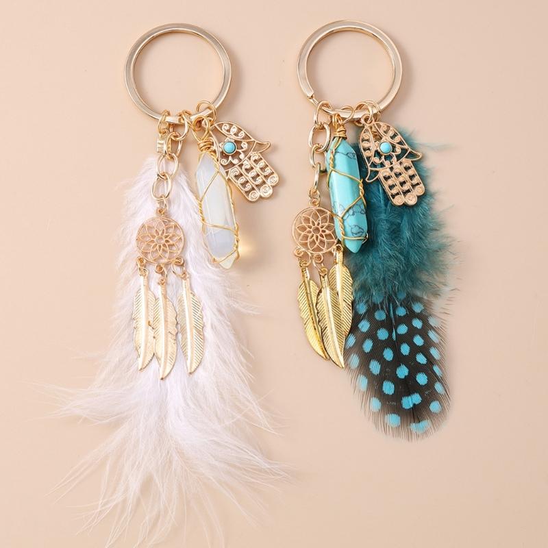 Hexagon Dreamcatcher Keychain Turquoise Key Ring Pendant Plush Feathers Tassels Handcrafted Jewelry Accessory For Women