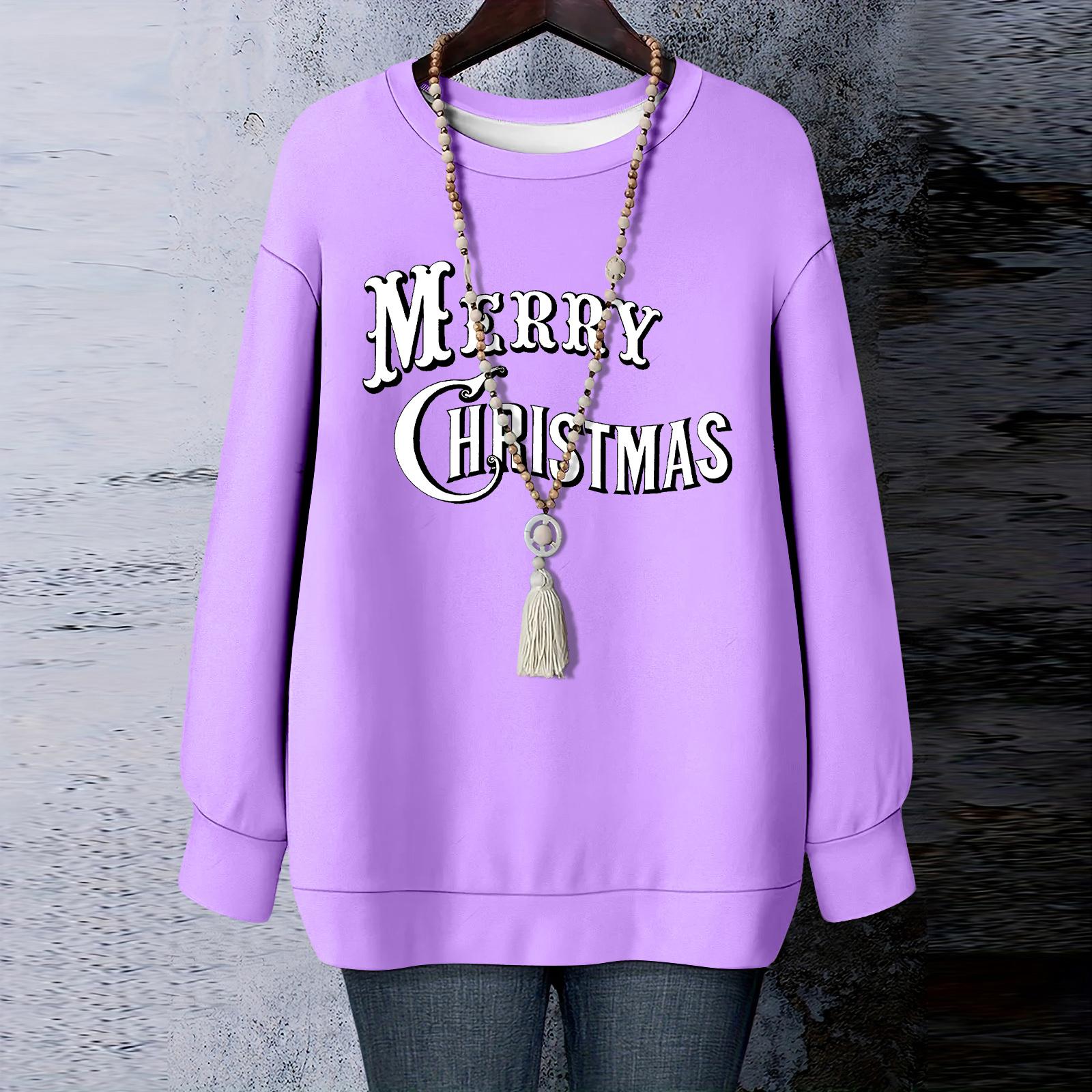 

Ladies Christmas Printed Round Neck Long Sleeved T-shirt Sweatshirt Top L фиолетовый