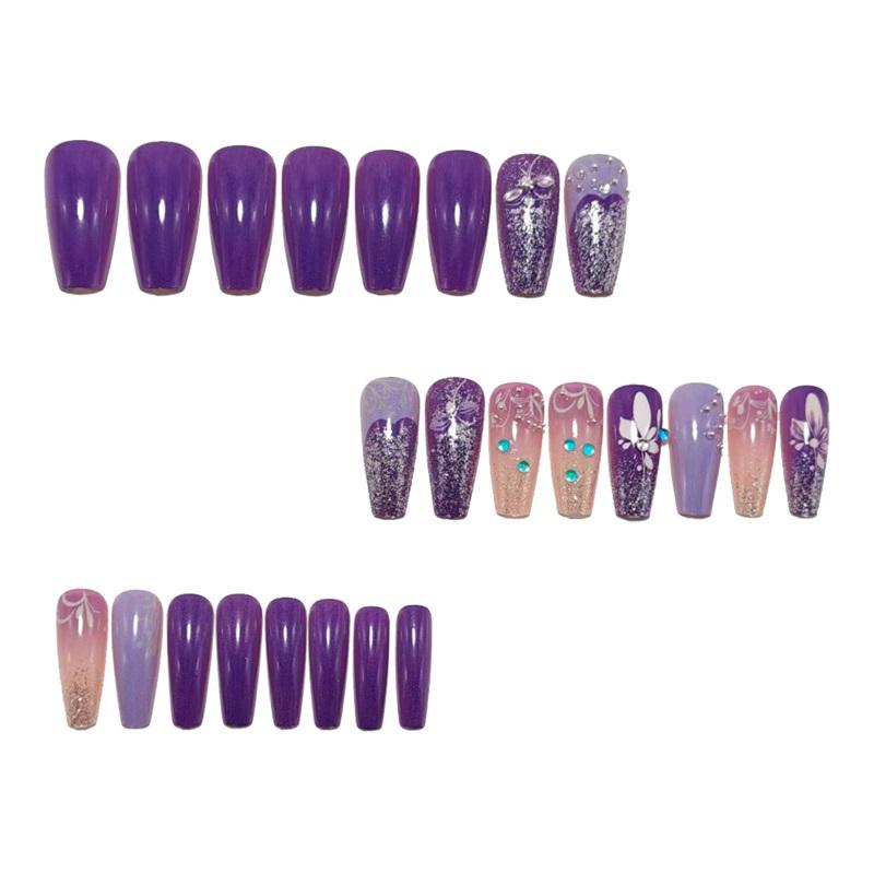 Diamond-encrusted Wearable Nails, Dreamy Purple Pink Flower Nail Art, Gentle Fairy Wearable Fake Nails, 24 Pieces