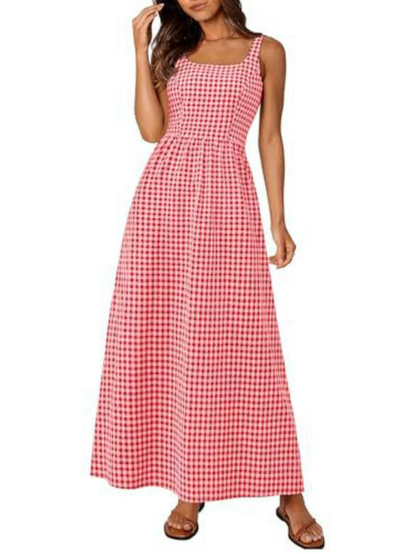 European & American Style Square Neck Plaid Shirred Dress - Fashionable Strappy Casual Women s Dress Extra Large