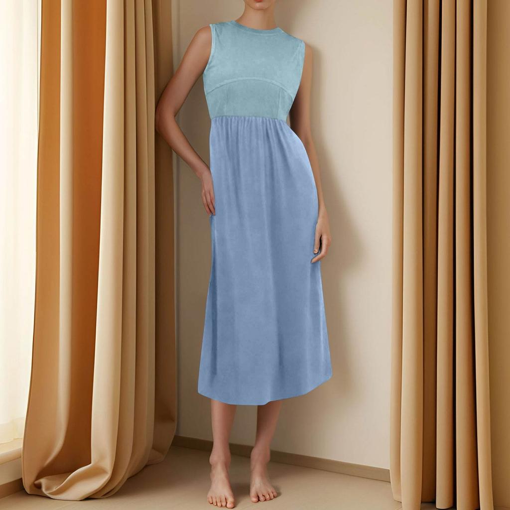 Dámské ležérní módní šaty midi s kulatým výstřihem, bez rukávů, jednobarevné, s nepravidelným lemem