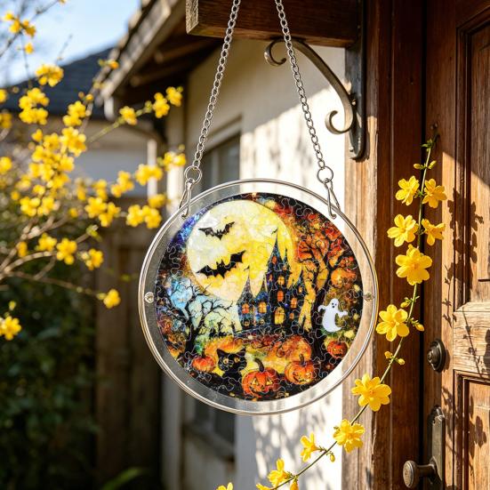 Yousheng Acrylic Puzzle Suncatcher, Halloween Black Cat Castle Raven DIY Sun Catcher Kit, Stained Glass Window Hanging Ornament for Home, Garden