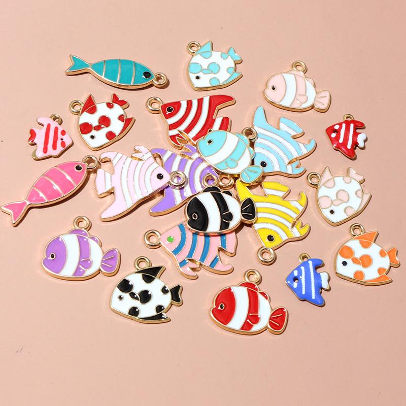 20pcs Enamel Fish Charms Pendant for Earrings Necklace Bracelet Findings Alloy Metal DIY Jewelry Making Accessories