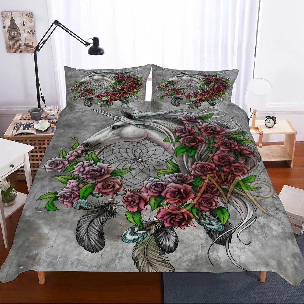 Digital Print Pink Unicorns Beding Set Princes Soft Duvet Cover Set Pilow Cover Flower Unicorn Carton Bed Linen Sets Ropa De Cama Tf85