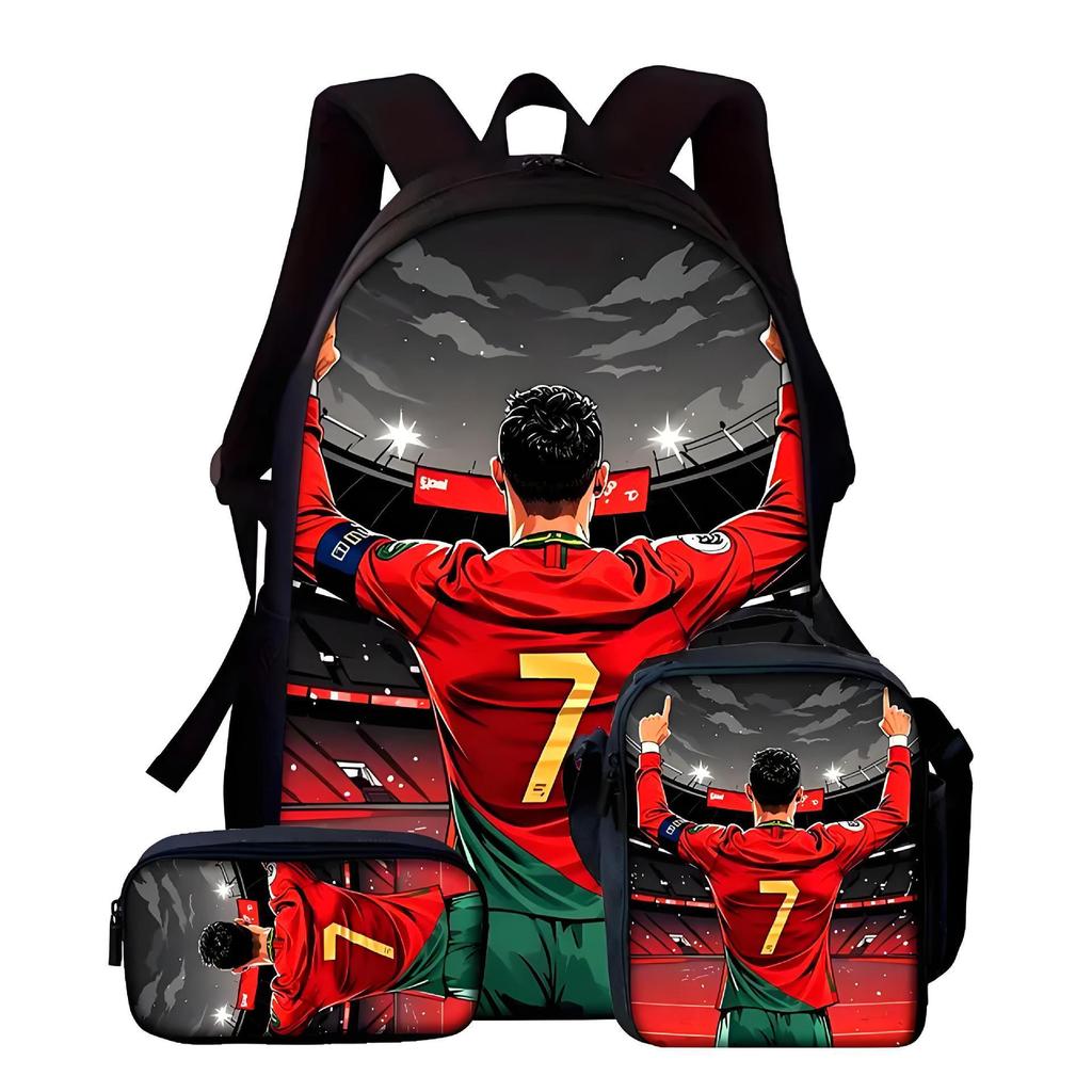 Football Player Printed Backpack Three-Piece Meal Bag Pencil Bag Student Large-Capacity Schoolbag