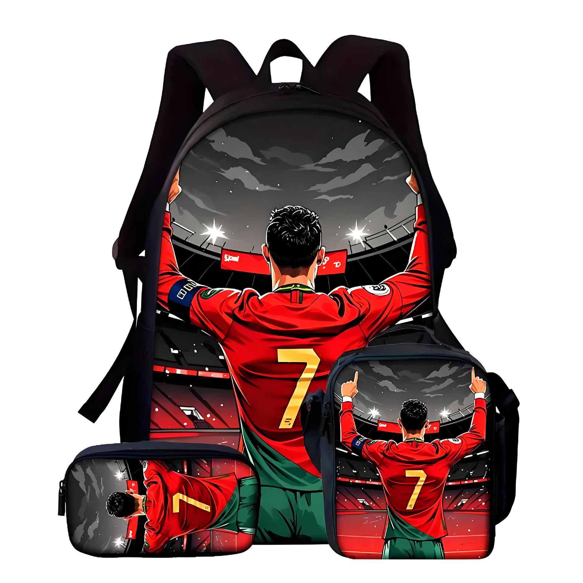 Sac à dos imprimé joueur de football Sac repas trois pièces Trousse à crayons Cartable étudiant grande capacité Three piece set