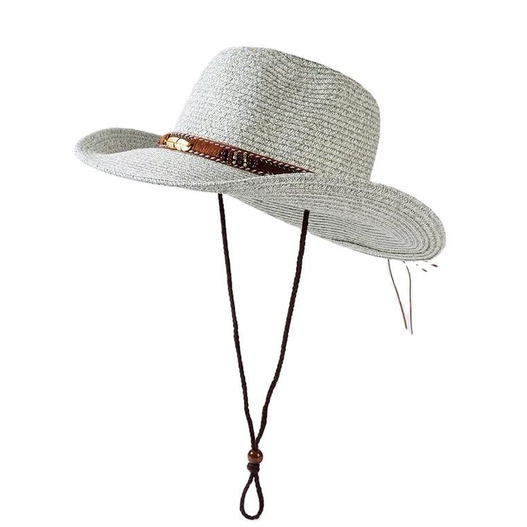 Men Women Outdoor Wide Brim Straw Panama Sun Hats Cowgirl Western Cowboy Fishing Hat with Feather Belt Summer Beach