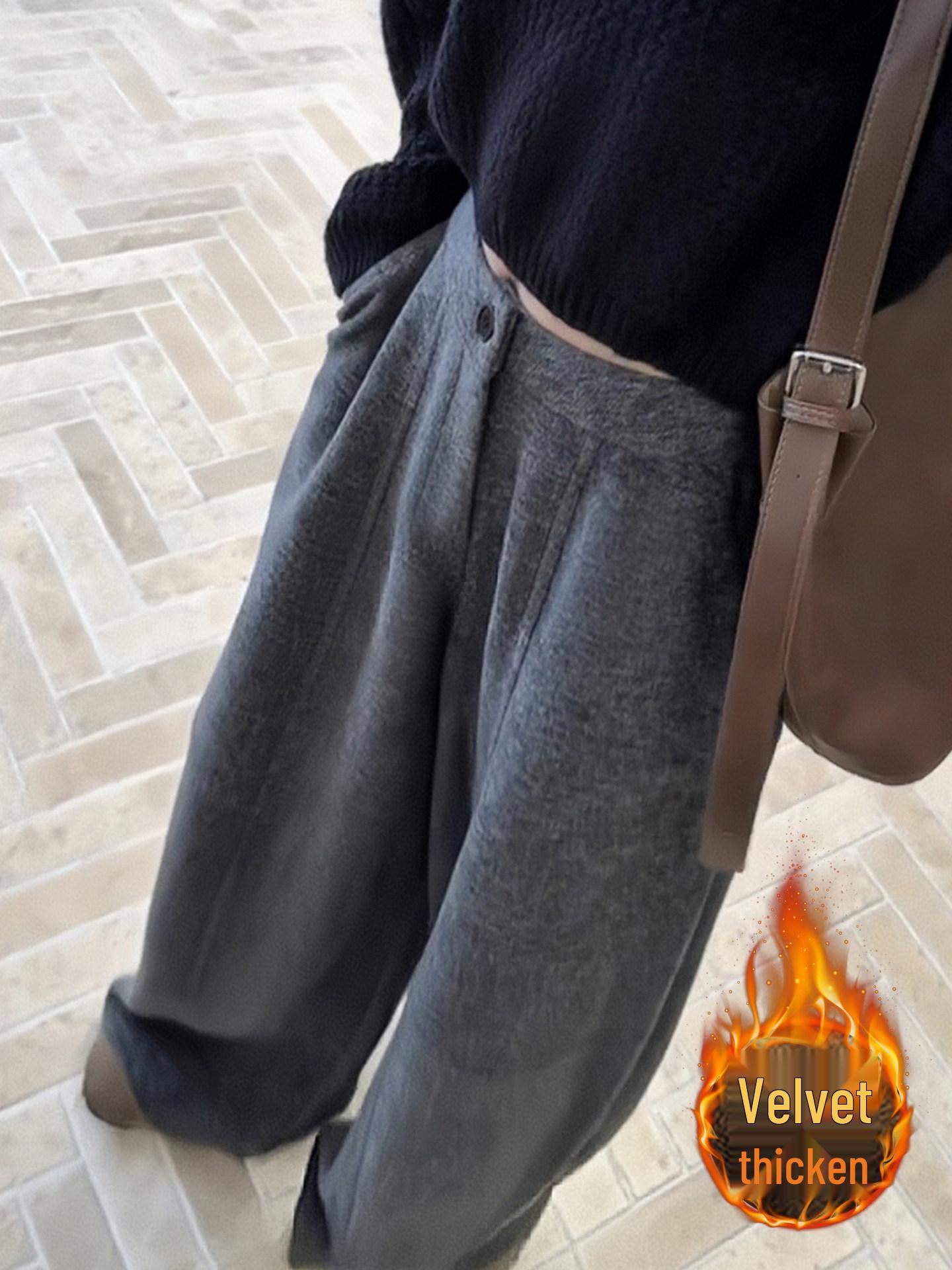 

2025 Women s High Waist Grey Woolen Wide Leg Pants - Winter Plus Velvet, Loose Fit, Pear Shaped Body Slimming L