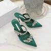 Luxury Crystal Slipper Wheat-Ear Rhinestone Pointed Sandals Silk Satin Covered Head High Heels Slippers Woman