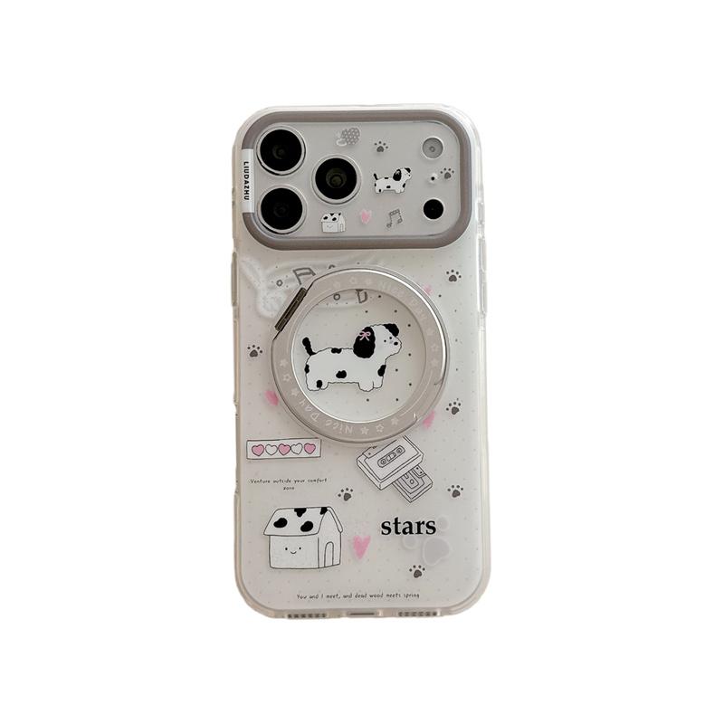 Kawaii Cartoon Dog Cat Print Ring Holder Phone Case For iPhone 15 16 17 Pro Max INS Korean Style Large Window Shockproof Cover
