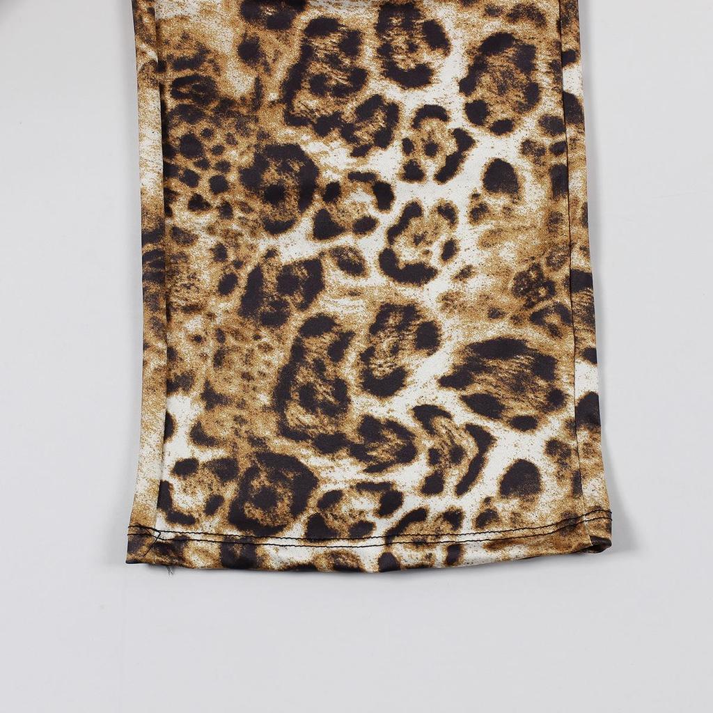 European & American Leopard Print Lace-up Halter Backless Top and Slim Long Pants Set