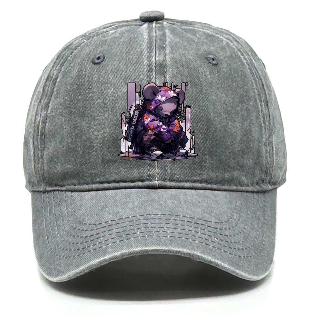 

Purple Bear Print Snapback Baseball Cap, Animal Trucker Hat Simple Adjustable Strap Sun Protective Distressed Adjustable Baseball Hat as the picture сірий колір