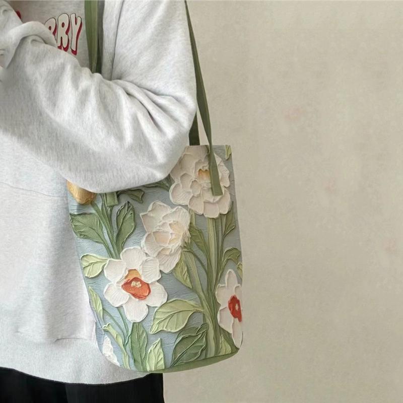 Yogodlns Nová Módní Květinový Vzor Kbelíková Taška Plátěná Ležérní Taška přes Rameno Velká Kapacita Kreativní Kabelka pro Ženy