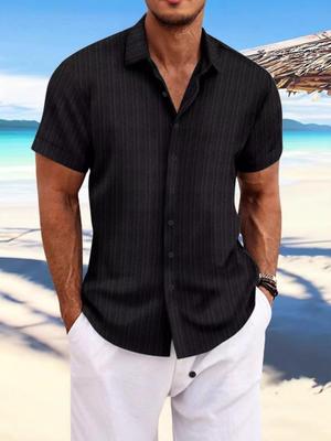 Men's Casual Striped Jacquard Cotton Linen Short-Sleeve Shirt