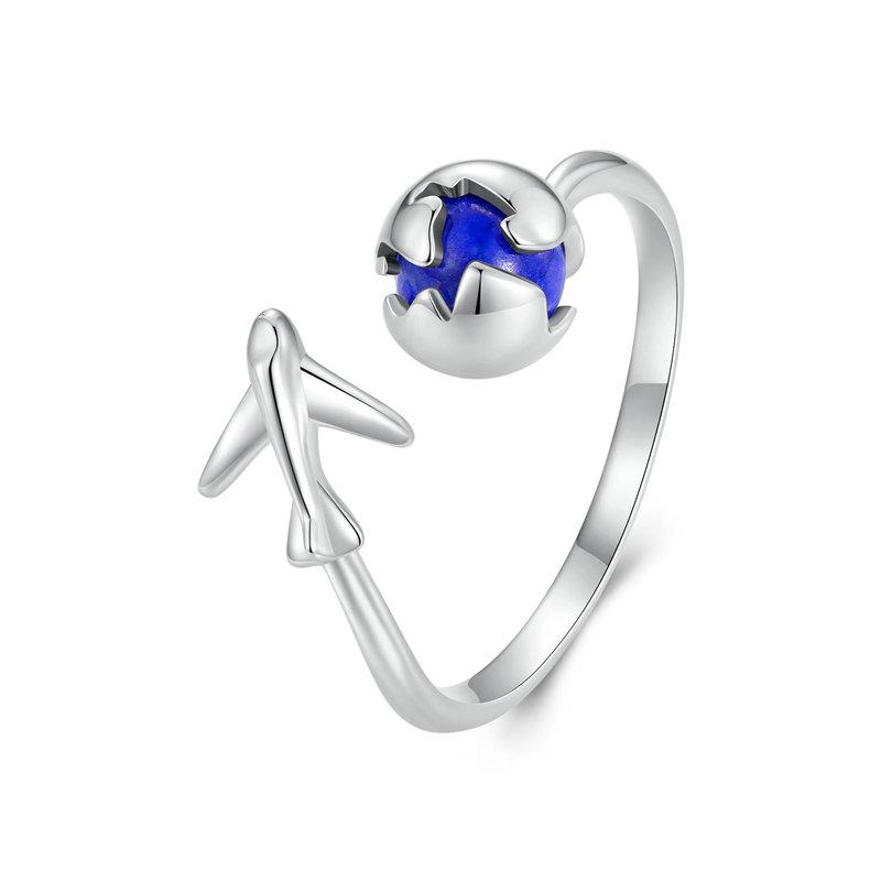 WOSTU 925 Sterling Silver Creative Travel Airplane Blue Earth Open Rings Women Global Tour Lapis Ring Girl Birthday Party Gift