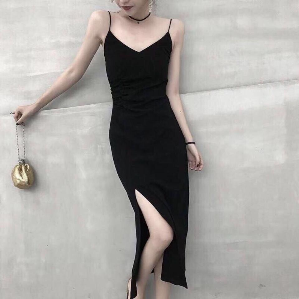Black Suspender Dress Children's Summer New Women's Clothing French Hepburn Style Sexy and Thin Split Dress