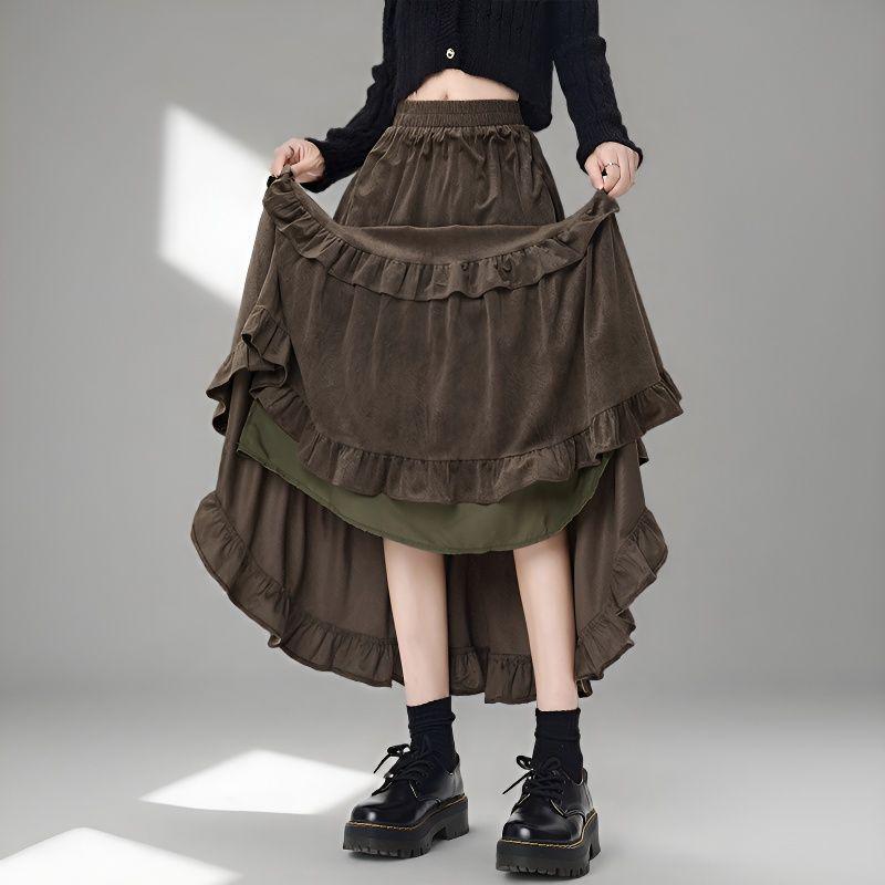 Women's 2026 A-Line Layered Velvet Umbrella Skirt with Elastic Waist - Mid-Length, In Stock