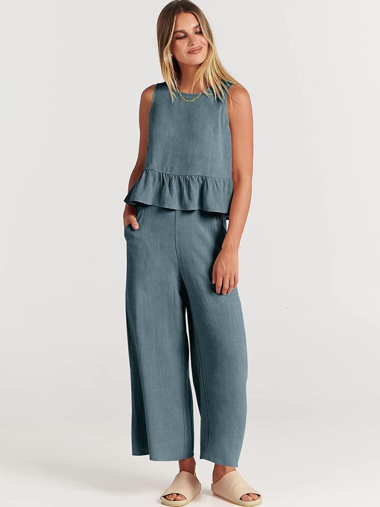 2025 Summer Women's Sleeveless Ruched Vest & Wide-Leg Cropped Pants Set
