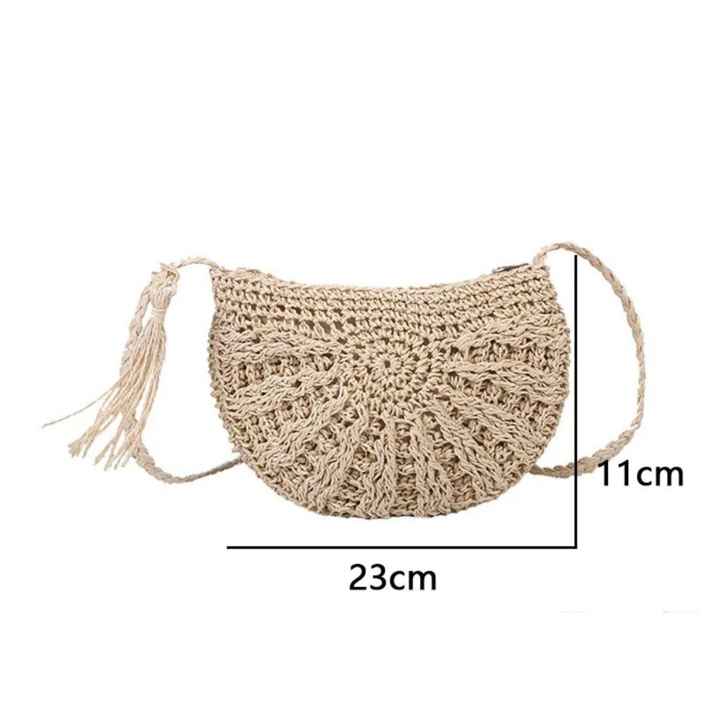 Half Round Straw Bag Rattan Shoulder Bag Zipper Woven Half Moon Crossbody Handbags Bohemia Vacation for Women