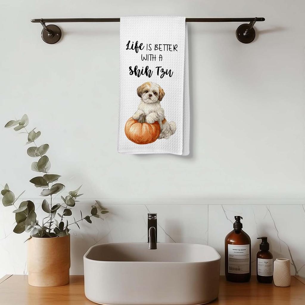 Shih Tzu Gifts Fall Kitchen Towels, Pumpkin Dog Decor Dish Towel for Kitchen, Gifts for Dog Lovers, Life is Better with A Shih Tzu Halloween Autumn