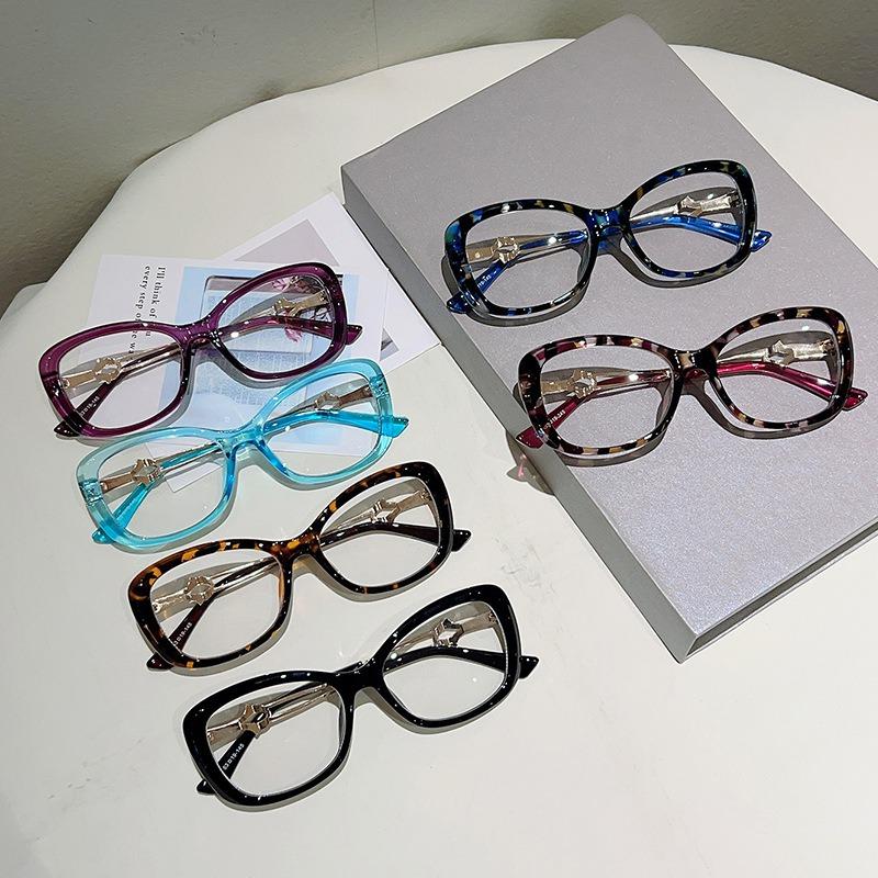 Metal Hollow-out Frame Anti Blue Light Cat Eye Eyeglasses Men Women Fashion Splicing Color Large Frame Street Photography Glasses