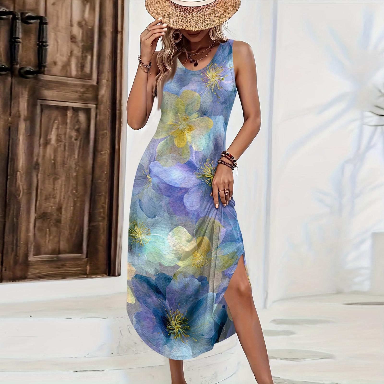 

Women Casual Loose Fit Sleeveless Long Dress Floral Print Side Slit Summer Beach Dress Lightweight Comfortable Sundress XS жовтий