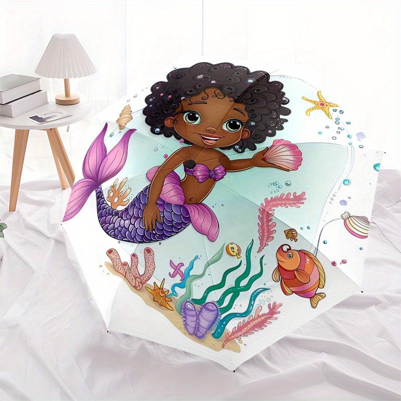 Mermaid black princess Automatic Folding Umbrella  Simple 8 Rib Design, Bright Cartoon Pattern, Durable Iron Frame, Suitable For Travel, Out